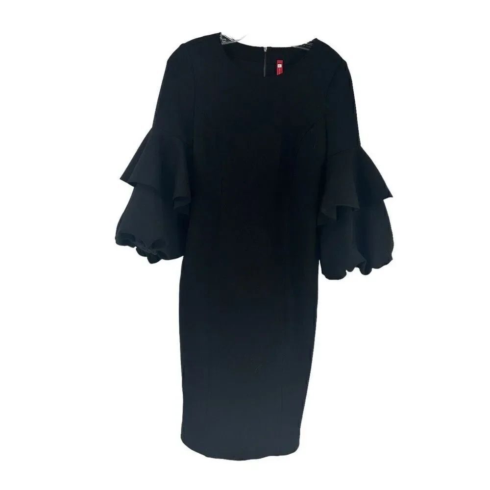 IC Collection Dress Black Scuba Knit 3/4 Sleeve Dramatic Ruffle Size XS Stretch